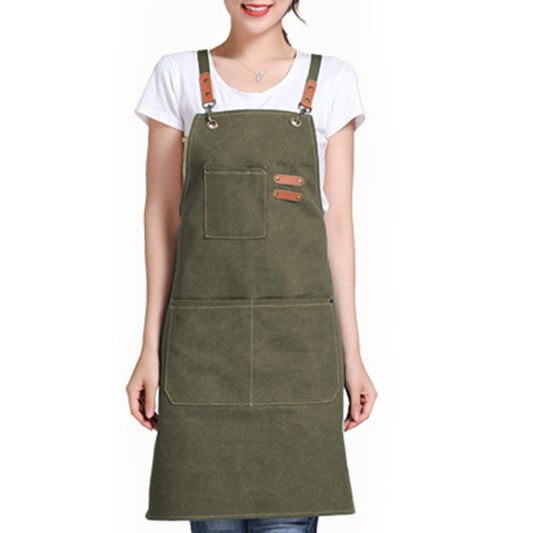 Dark Green Cotton Aprons Kitchen Cooking Apron Gardening Apron with Pockets