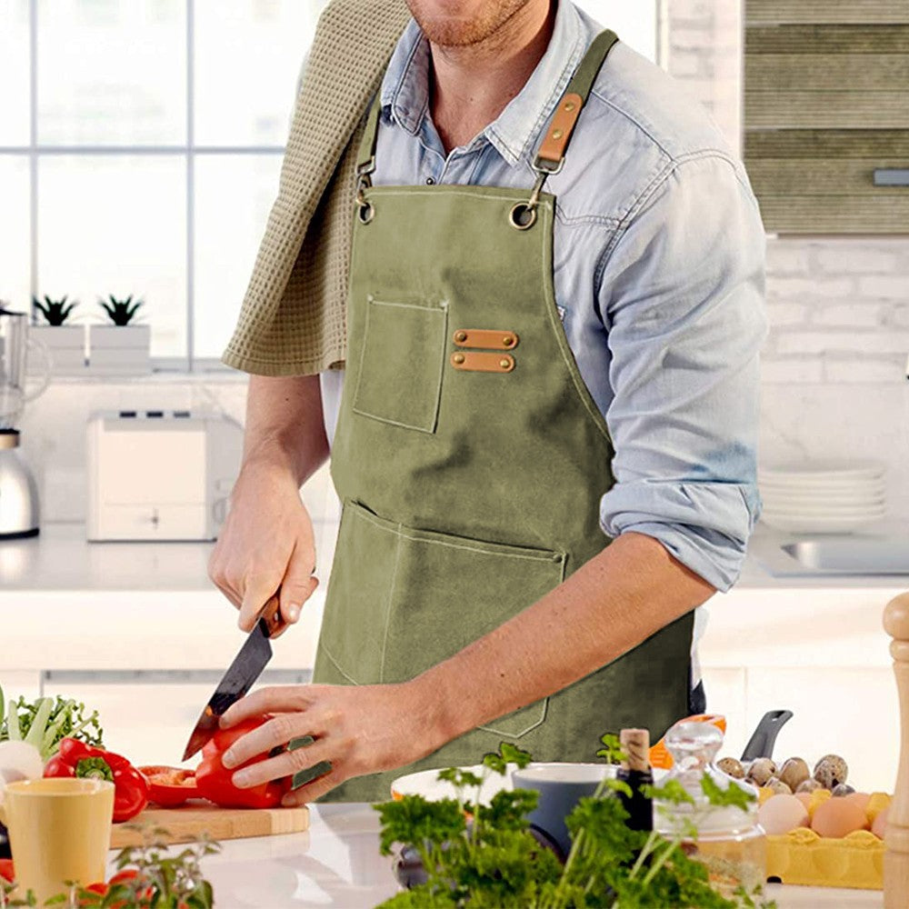 Dark Green Cotton Aprons Kitchen Cooking Apron Gardening Apron with Pockets