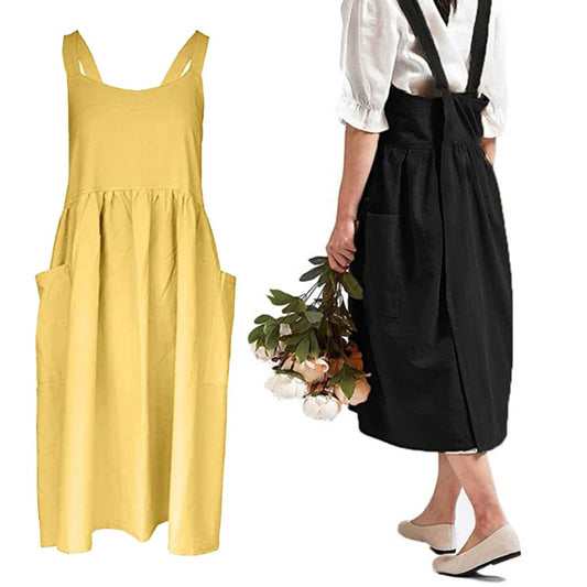 2 X Cotton Linen Aprons Cross Back Apron with Pockets for Kitchen Flower Shop Black and Yellow