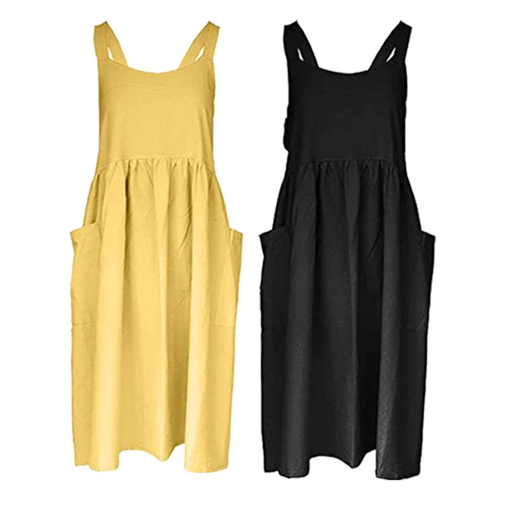 2 X Cotton Linen Aprons Cross Back Apron with Pockets for Kitchen Flower Shop Black and Yellow