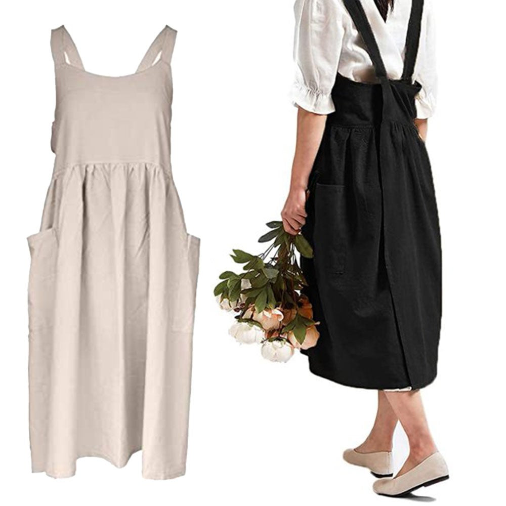 2 X Cotton Linen Aprons Cross Back Apron with Pockets for Kitchen Flower Shop Black and Beige