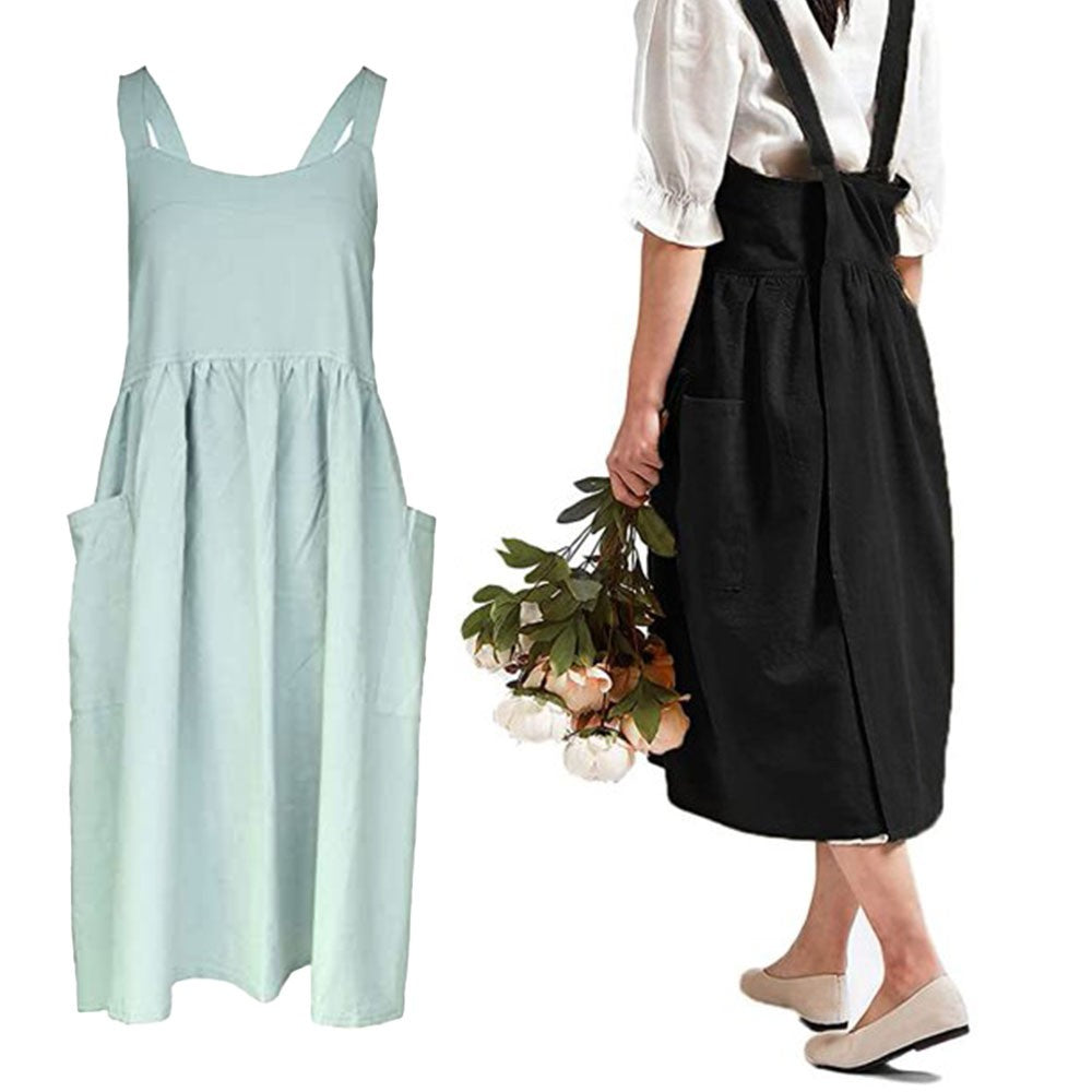 2 X Cotton Linen Aprons Cross Back Apron with Pockets for Kitchen Flower Shop Black and Green