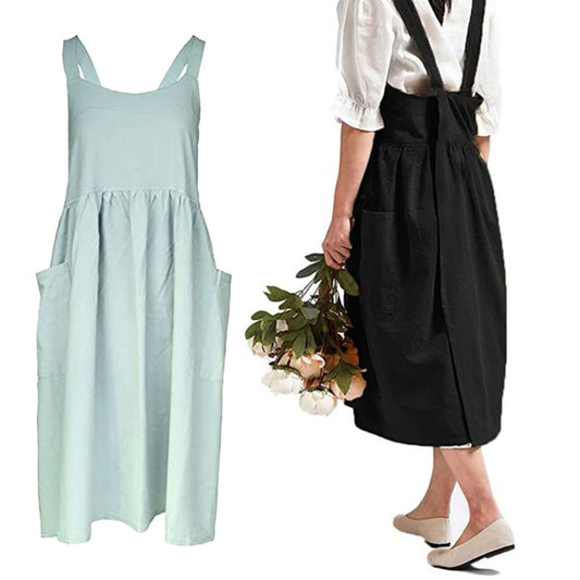 2 X Cotton Linen Aprons Cross Back Apron with Pockets for Kitchen Flower Shop Black and Green