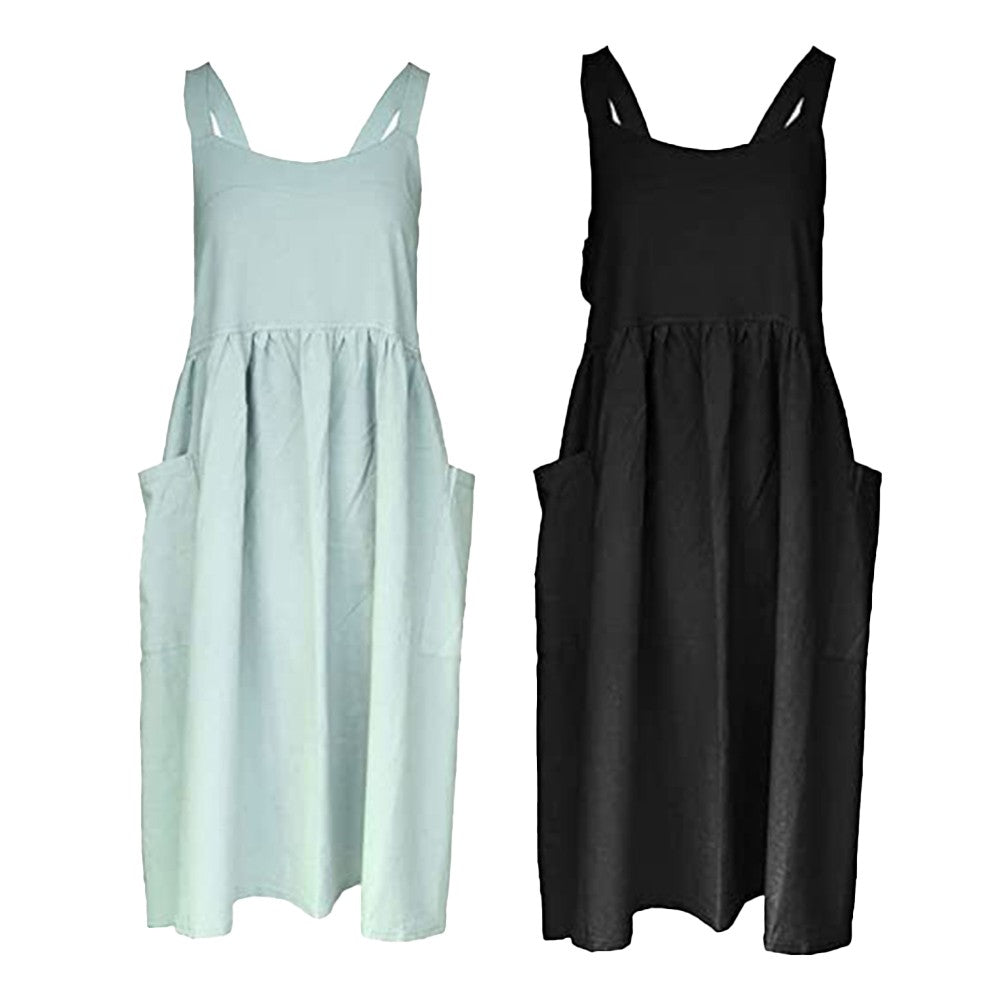 2 X Cotton Linen Aprons Cross Back Apron with Pockets for Kitchen Flower Shop Black and Green