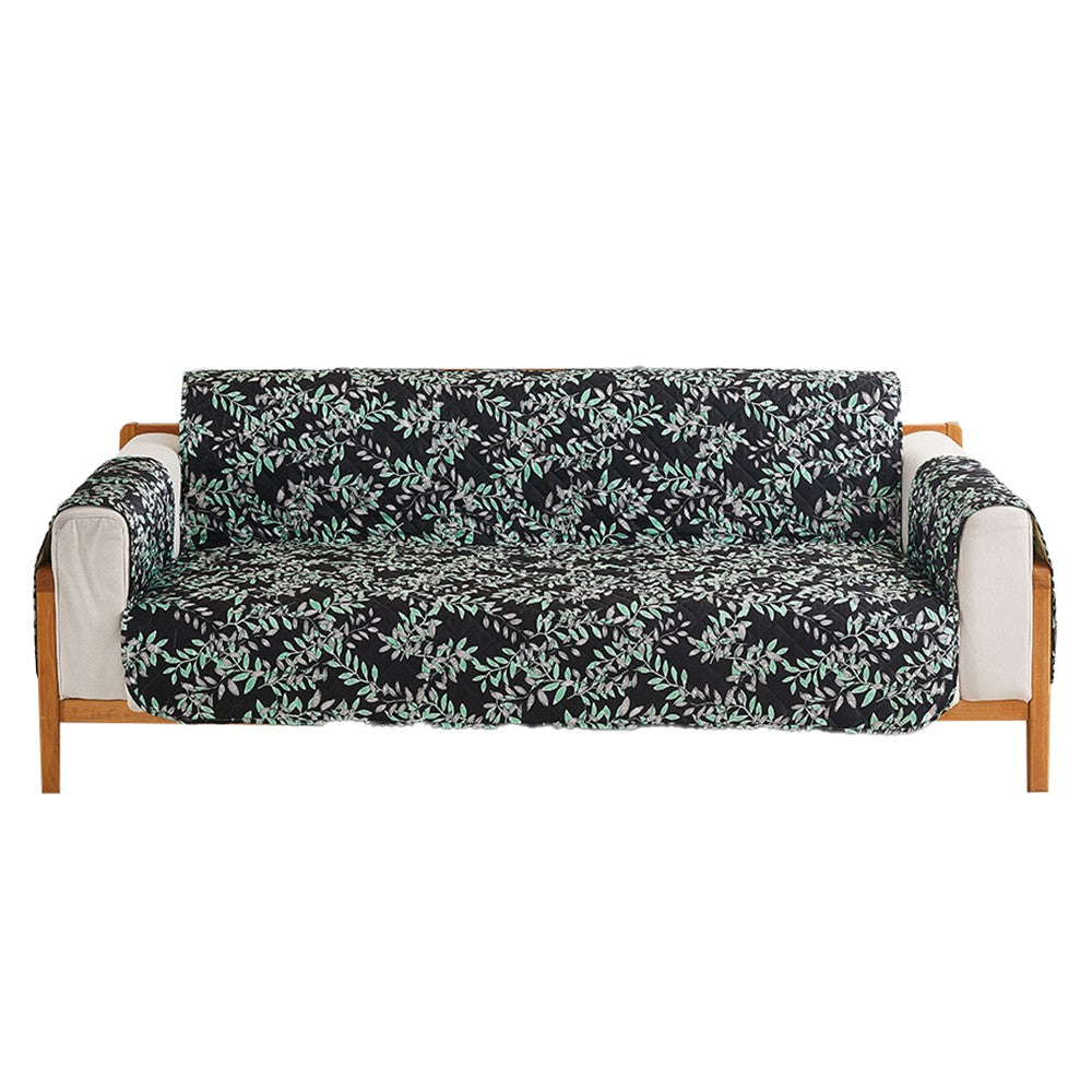 2-Seater T-Shaped Sofa Cover Leaves Printed Couch Cover Non Slip Sofa Slipcover Furniture Protector Black