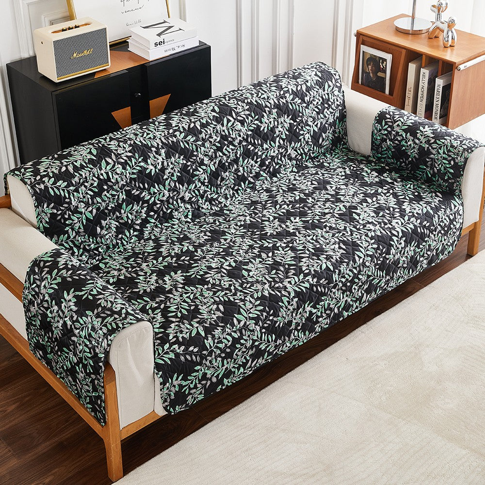 1-Seater T-Shaped Sofa Cover Leaves Printed Couch Cover Non Slip Sofa Slipcover Furniture Protector Black