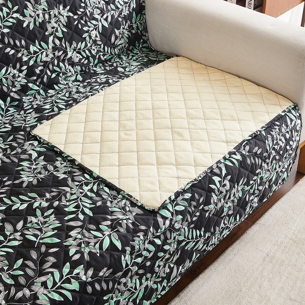 3-Seater T-Shaped Sofa Cover Leaves Printed Couch Cover Non Slip Sofa Slipcover Furniture Protector Black