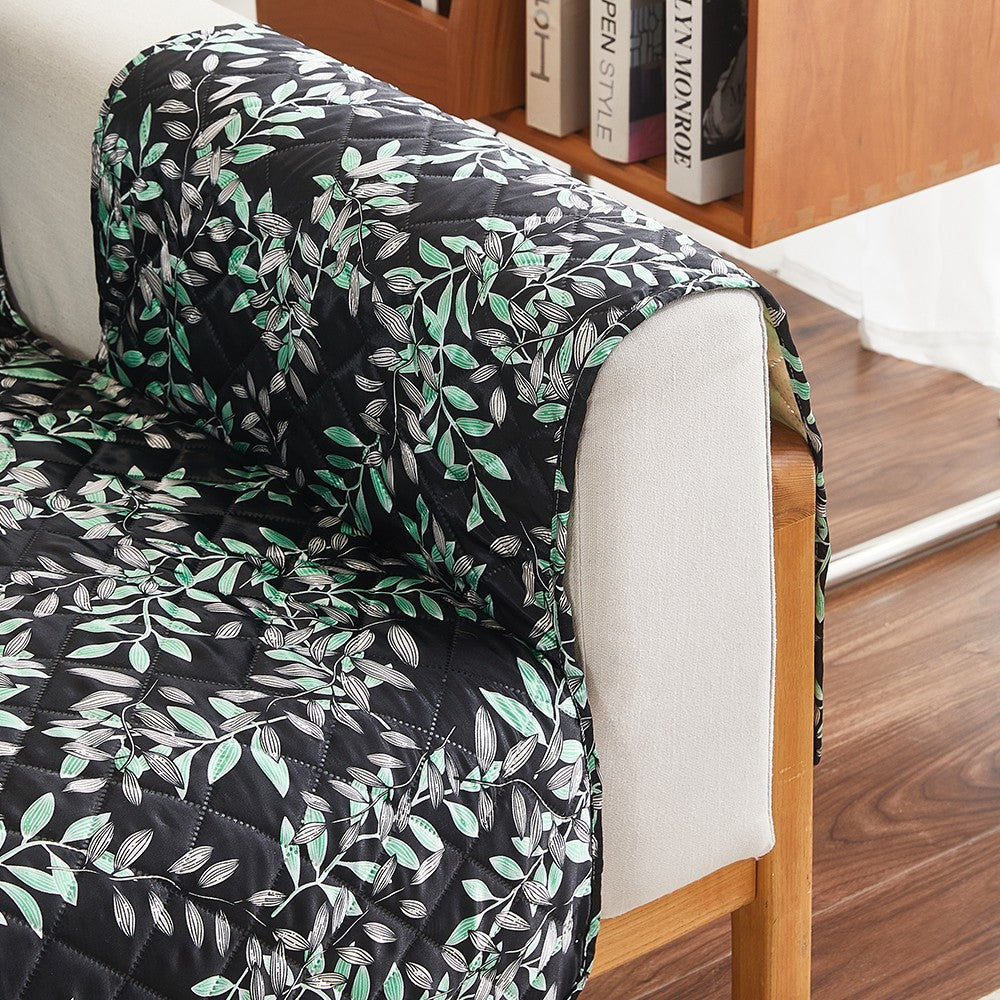 3-Seater T-Shaped Sofa Cover Leaves Printed Couch Cover Non Slip Sofa Slipcover Furniture Protector Black