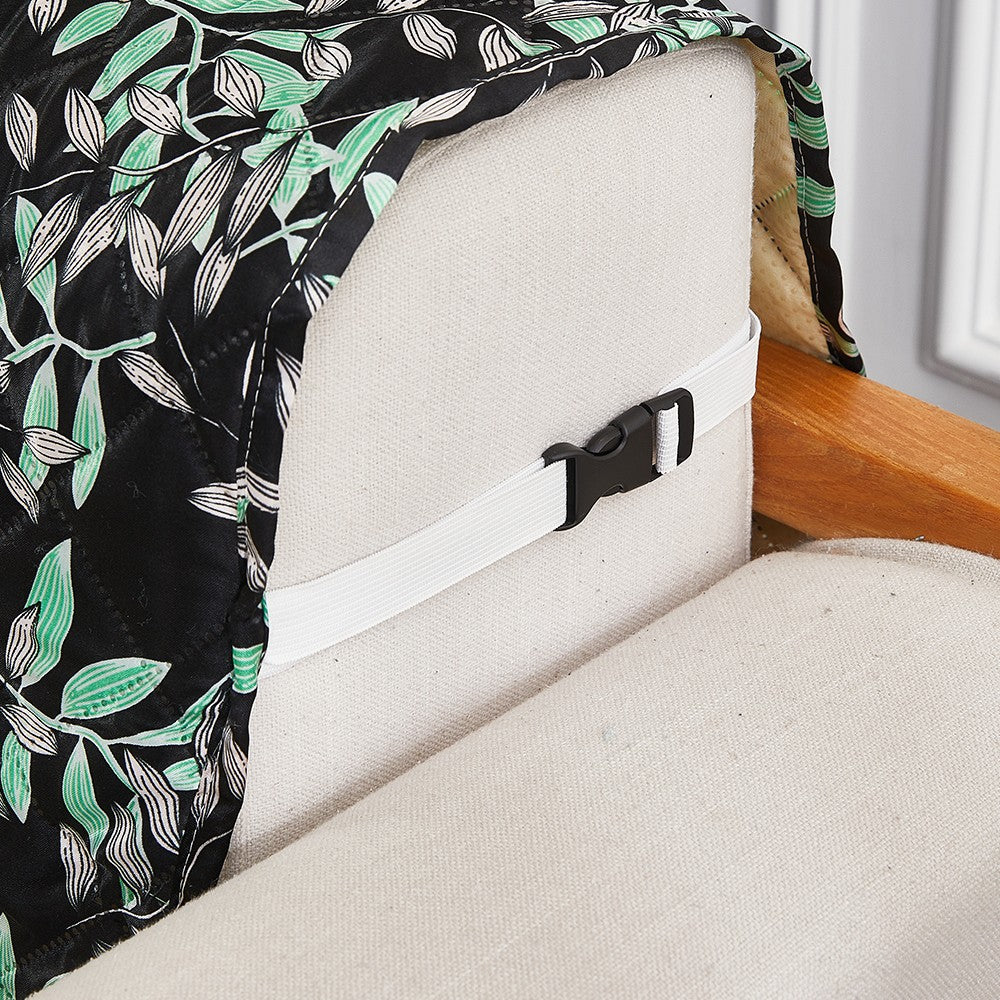 3-Seater T-Shaped Sofa Cover Leaves Printed Couch Cover Non Slip Sofa Slipcover Furniture Protector Black