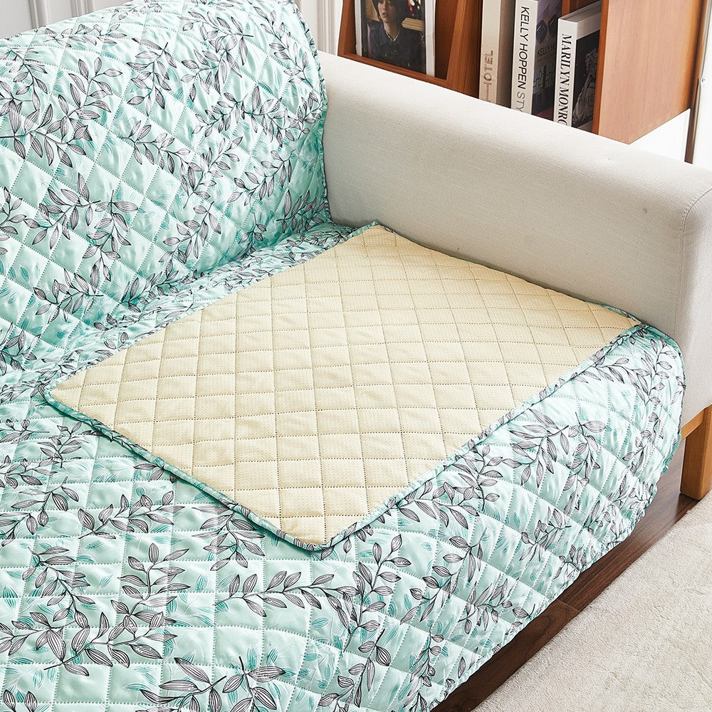 2-Seater T-Shaped Sofa Cover Leaves Printed Couch Cover Non Slip Sofa Slipcover Furniture Protector Gyan