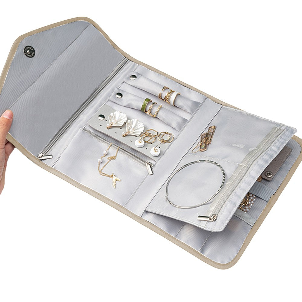 Travel Jewelry Organizer Foldable Jewelry Storage Bag for Rings Necklaces Bracelets Earrings Khaki