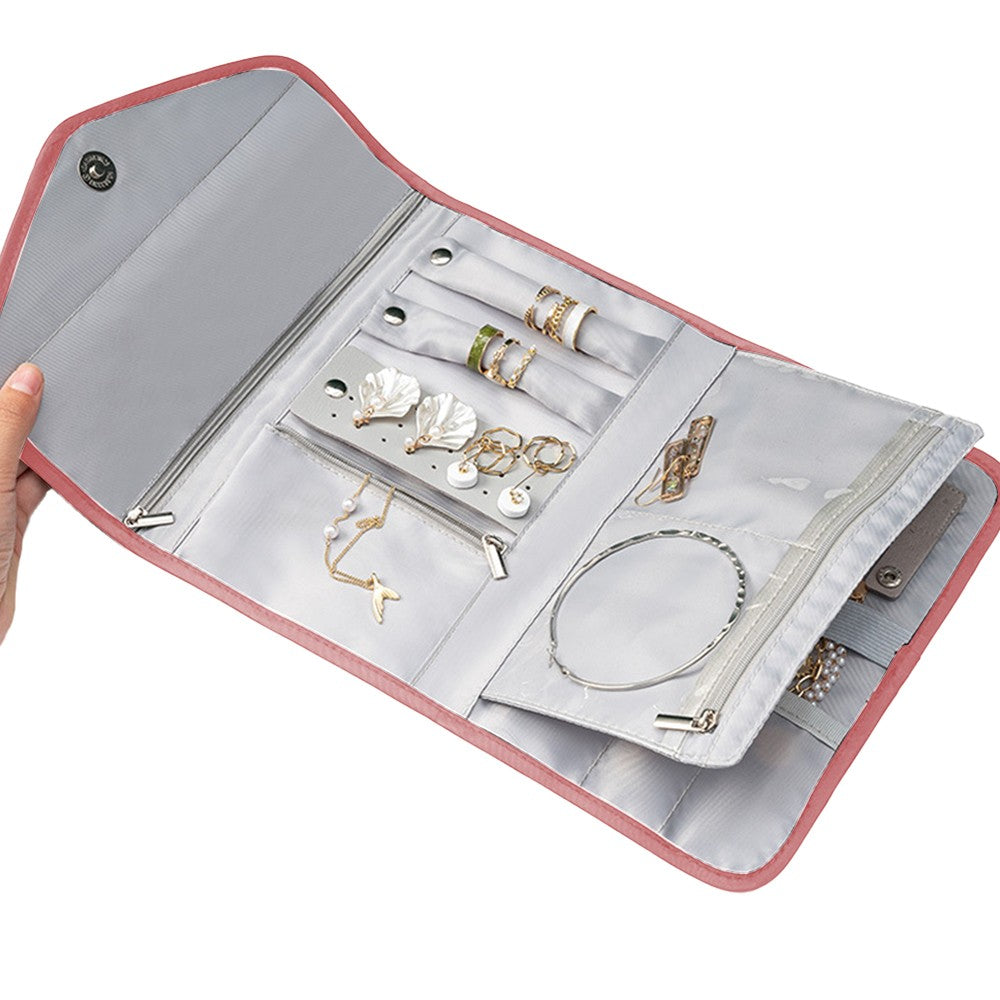 Travel Jewelry Organizer Foldable Jewelry Storage Bag for Rings Necklaces Bracelets Earrings Pink