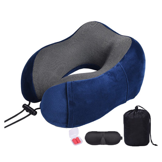 Travel Neck Pillow for Airplane Memory Foam Sleeping Pillow with Eyemask and Earplugs Blue