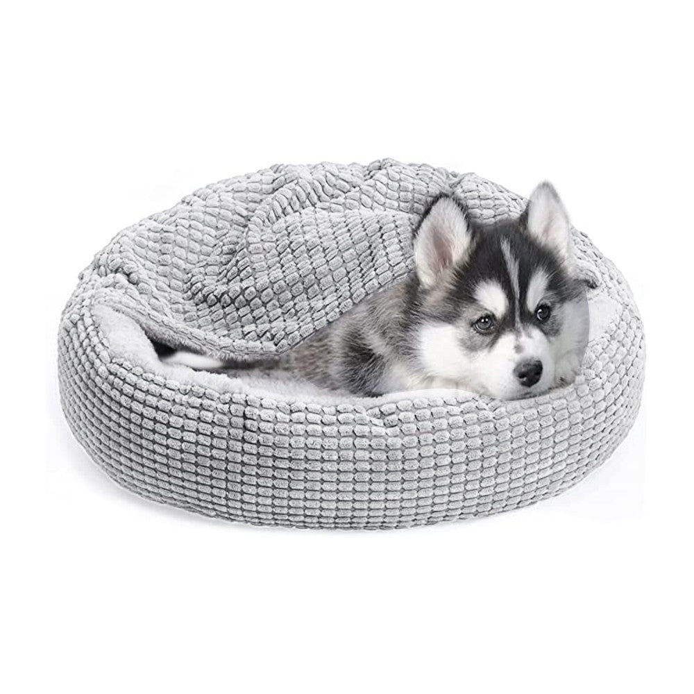 50cm Pet Bed with Attached Blanket Hooded Pet Calming Bed Cushioned Pet Cave Bed Grey