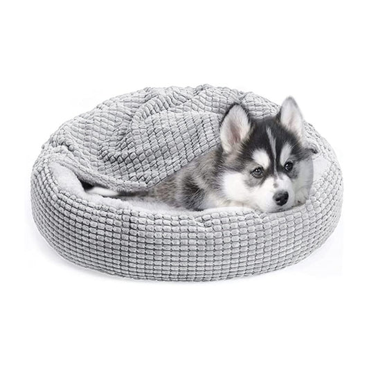 50cm Pet Bed with Attached Blanket Hooded Pet Calming Bed Cushioned Pet Cave Bed Grey