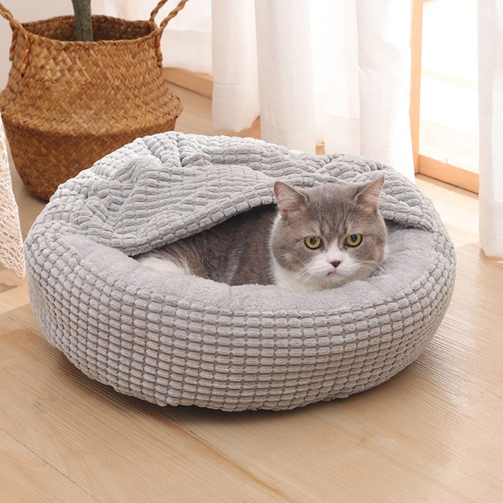 50cm Pet Bed with Attached Blanket Hooded Pet Calming Bed Cushioned Pet Cave Bed Grey