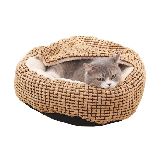 50cm Pet Bed with Attached Blanket Hooded Pet Calming Bed Cushioned Pet Cave Bed Brown