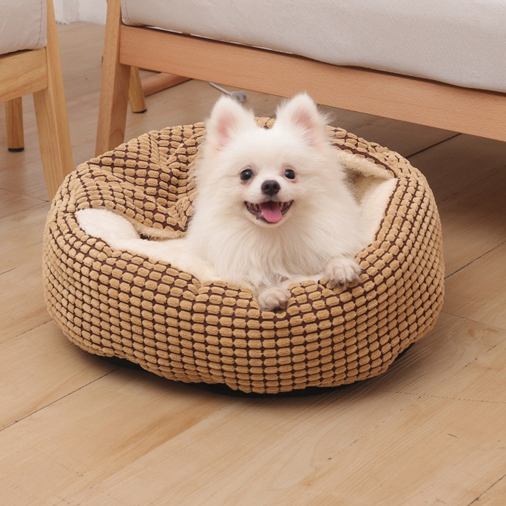 70cm Pet Bed with Attached Blanket Hooded Pet Calming Bed Cushioned Pet Cave Bed Brown