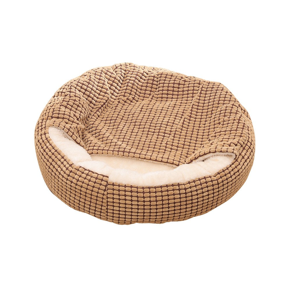 50cm Pet Bed with Attached Blanket Hooded Pet Calming Bed Cushioned Pet Cave Bed Brown