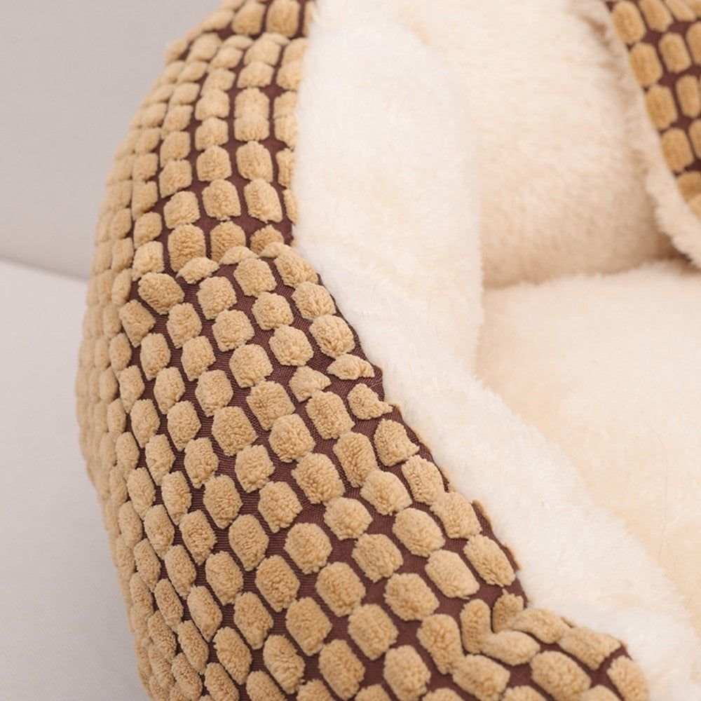 50cm Pet Bed with Attached Blanket Hooded Pet Calming Bed Cushioned Pet Cave Bed Brown