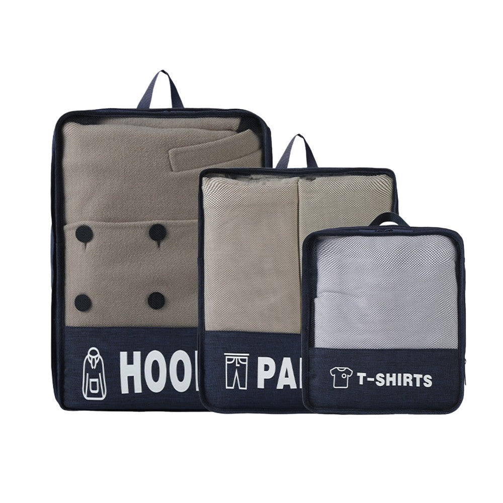 Set of 3Pcs Travel Compression Packing Cubes Clothes Storage Bag Luggage Organizer Navy Blue