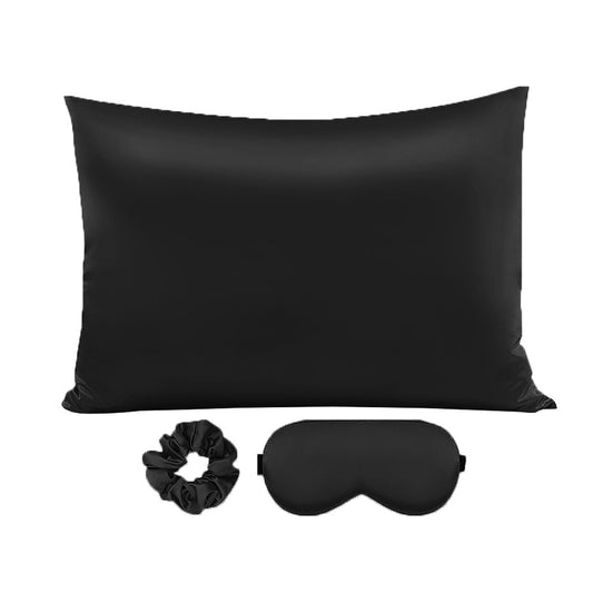 76x50cm Simulated Silk Pillowcase Eye mask Scrunchie Set Satin Pillow Case Black