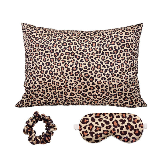 76x50cm Simulated Silk Pillowcase Eye mask Scrunchie Set Satin Pillow Case Brown