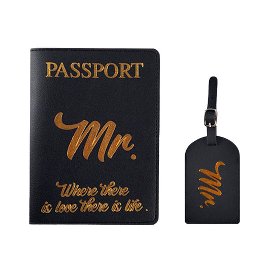 Mr PU Leather Passport Holder and Luggage Tag Cover Set for Honeymoon Travel