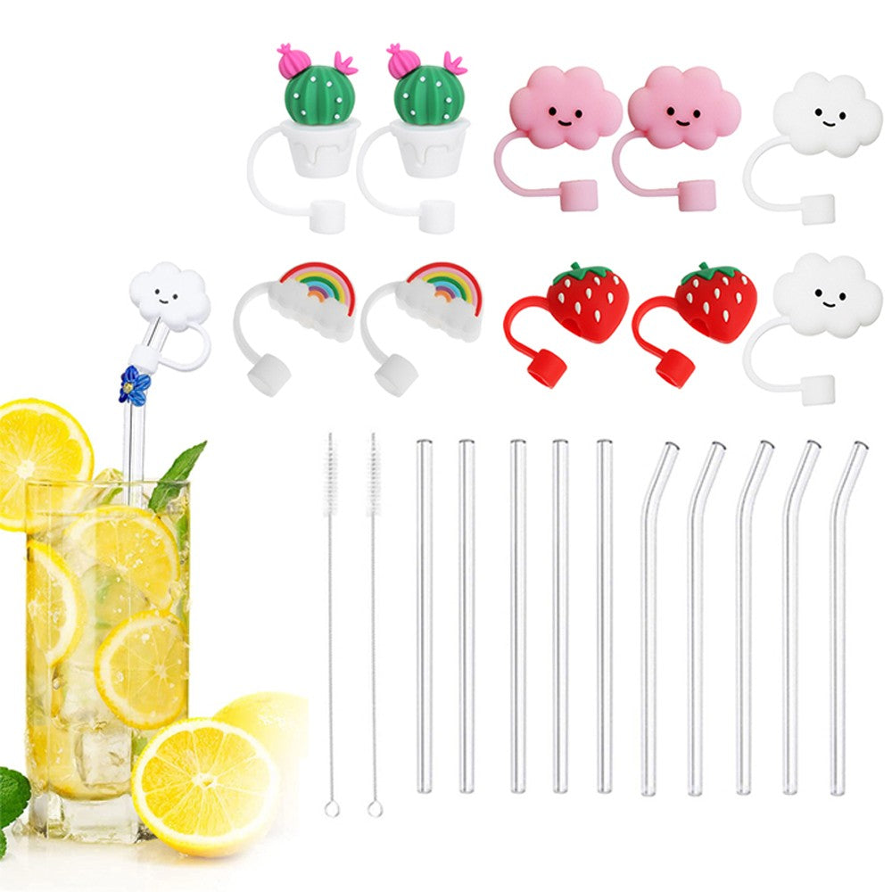 20Pcs Silicone Straw Covers and Glass Straws Set Straw Cap with 2 Cleaning Brush