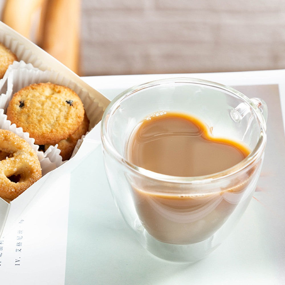 240ml Heart Shaped Double Wall Insulated Glass Cup Coffee Mug Drinking Tea Cup with Handle