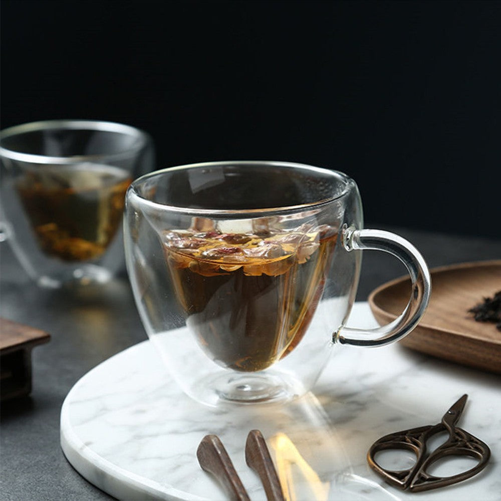 240ml Heart Shaped Double Wall Insulated Glass Cup Coffee Mug Drinking Tea Cup with Handle