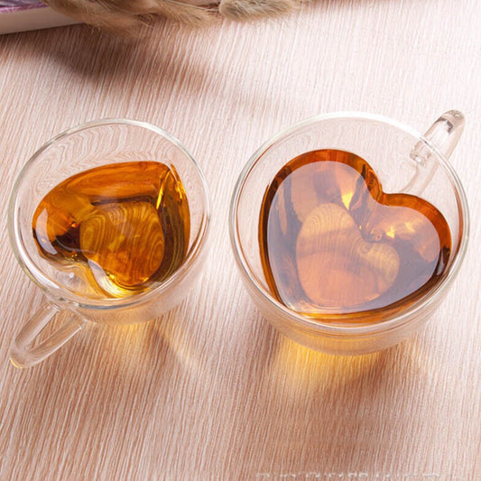 2 X Heart Shaped Double Wall Insulated Glass Cup Coffee Mug Drinking Tea Cup with Handle