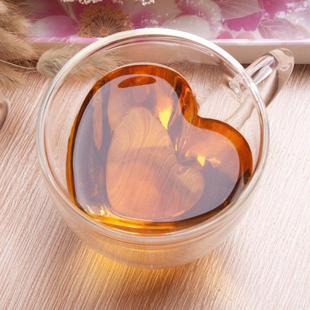 2 X Heart Shaped Double Wall Insulated Glass Cup Coffee Mug Drinking Tea Cup with Handle