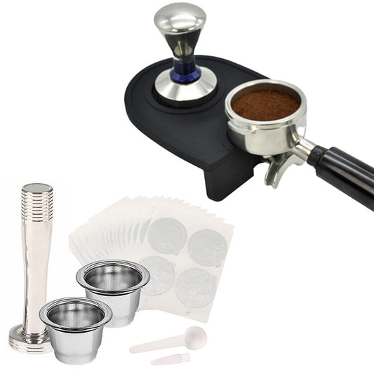 12.5x14cm Espresso Tamper Mat and Refillable Coffee Pod Filters Set Silicone Anti-Slip Coffee Tamping Pad