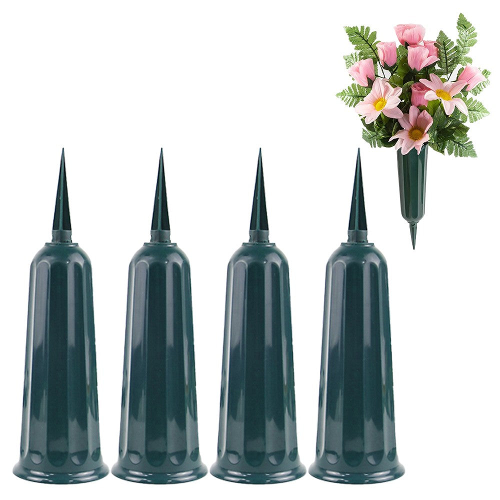 4Pcs Green Cemetery Memorial Vase with Spikes Grave Ground Stake Vase Resin Cones Flowers Holder for Grave Decoration