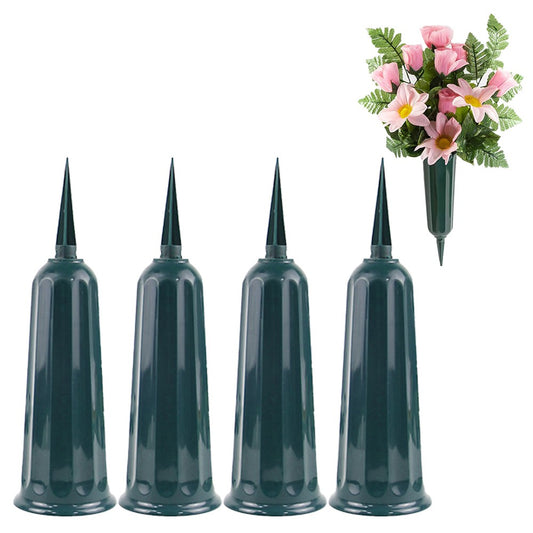 4Pcs Green Cemetery Memorial Vase with Spikes Grave Ground Stake Vase Resin Cones Flowers Holder for Grave Decoration