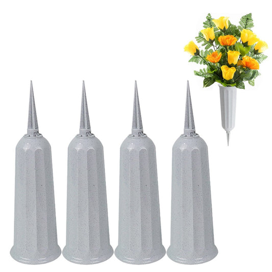 4Pcs Grey Cemetery Memorial Vase with Spikes Grave Ground Stake Vase Resin Cones Flowers Holder for Grave Decoration