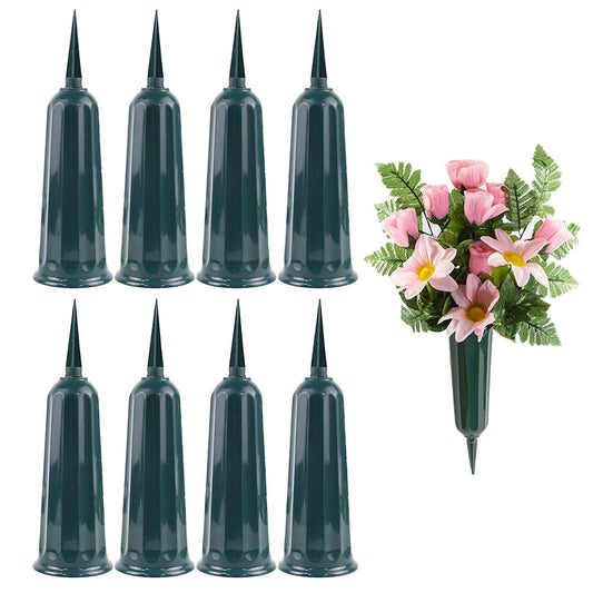 8Pcs Green Cemetery Memorial Vase with Spikes Grave Ground Stake Vase Resin Cones Flowers Holder for Grave Decoration