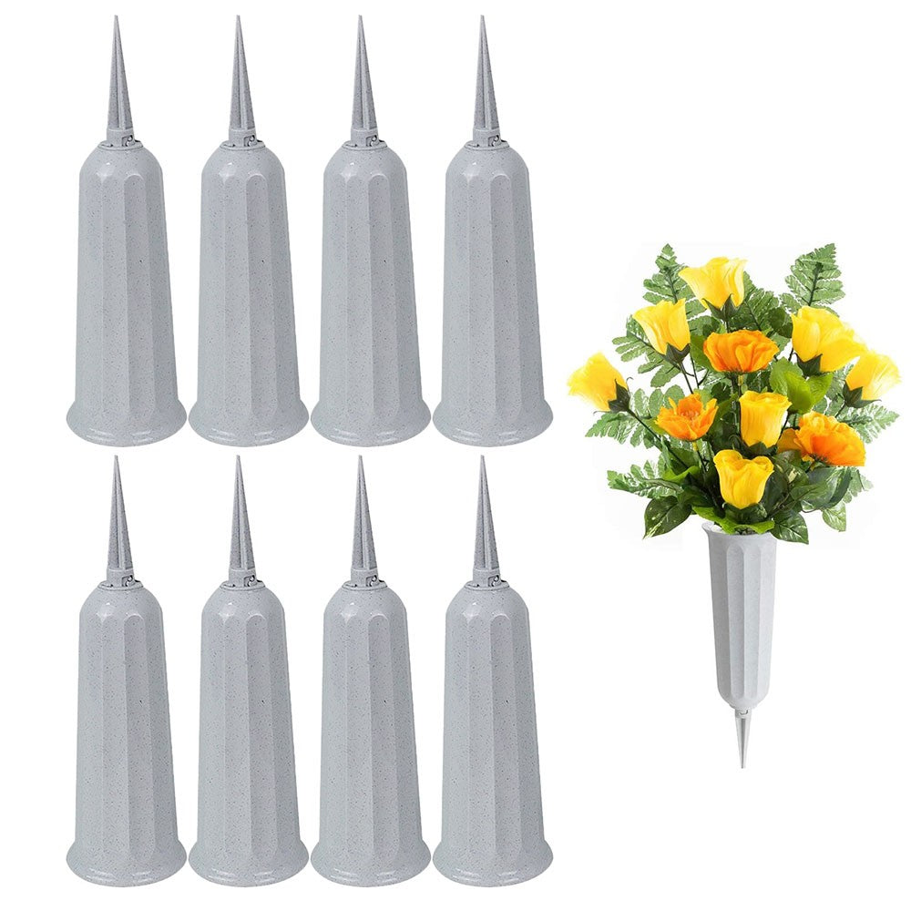 8Pcs Grey Cemetery Memorial Vase with Spikes Grave Ground Stake Vase Resin Cones Flowers Holder for Grave Decoration