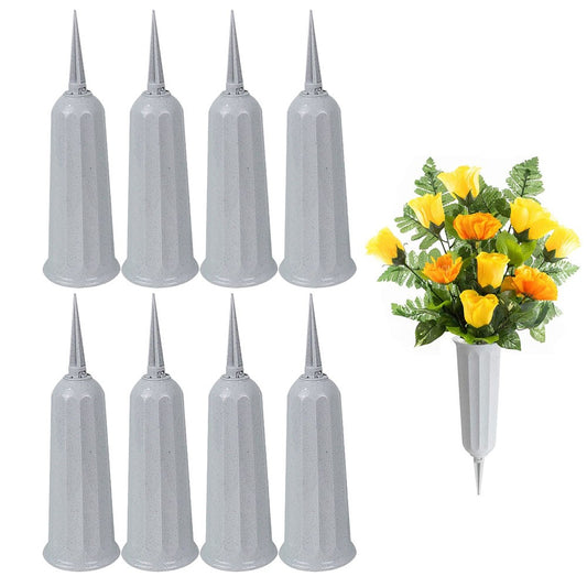 8Pcs Grey Cemetery Memorial Vase with Spikes Grave Ground Stake Vase Resin Cones Flowers Holder for Grave Decoration