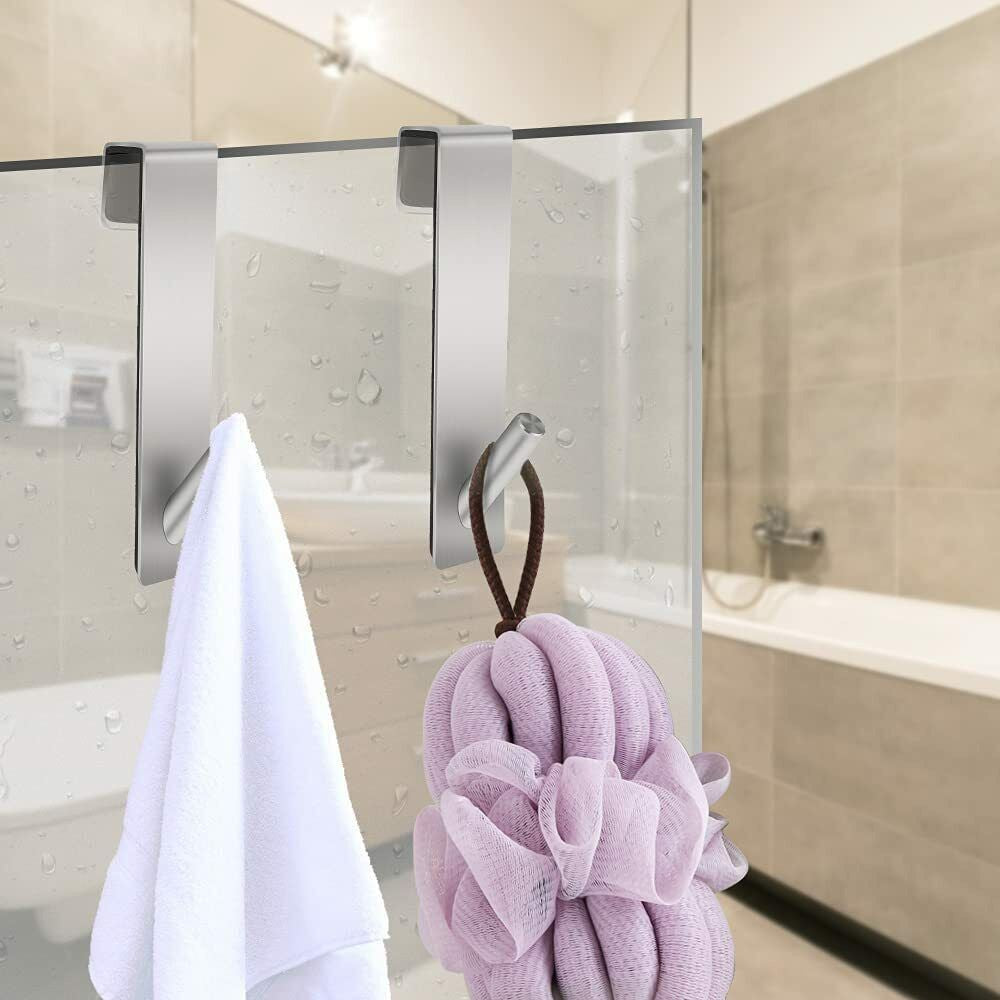 2Pcs Bathroom Over Door Hooks Frameless Glass Door Hook Stainless Steel Towel Hanger Silver