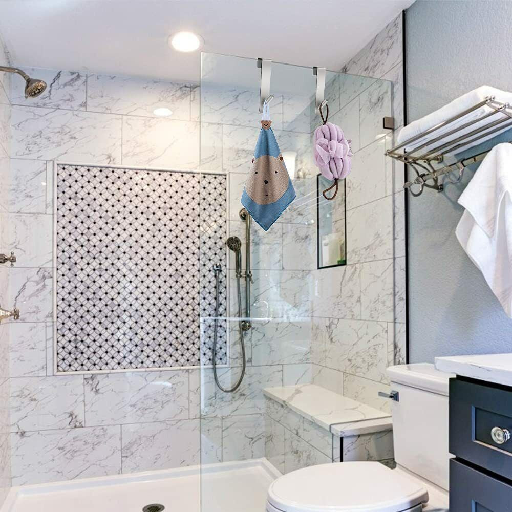 2Pcs Bathroom Over Door Hooks Frameless Glass Door Hook Stainless Steel Towel Hanger Silver