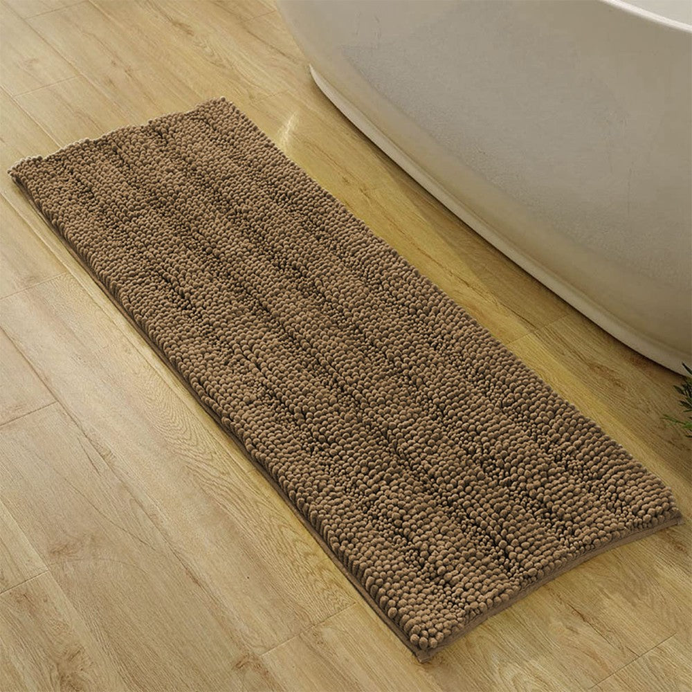 122x43cm Chenille Bath Mat Non Slip Floor Mat Thick Striped Shag Runner Brown