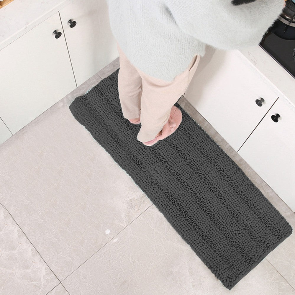 122x43cm Chenille Bath Mat Non Slip Floor Mat Thick Striped Shag Runner Dark Grey