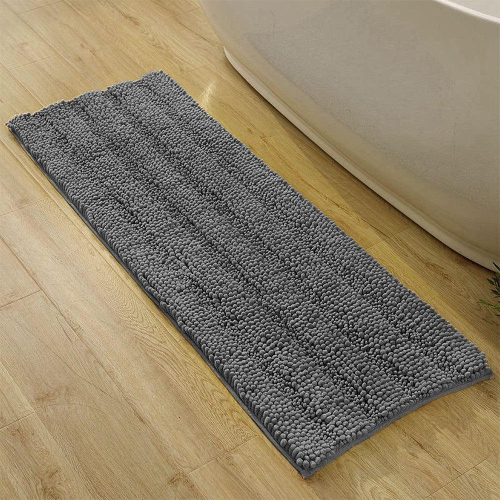 122x43cm Chenille Bath Mat Non Slip Floor Mat Thick Striped Shag Runner Dark Grey