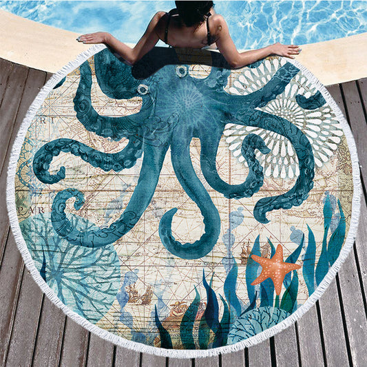 150cm Microfiber Round Beach Towel Tassels Beach Towel Beach Mat Octopus Design