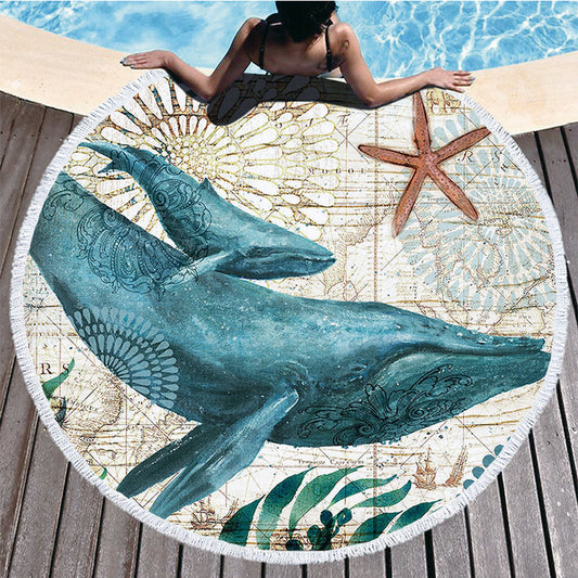 150cm Microfiber Round Beach Towel Tassels Beach Towel Beach Mat Whale Design