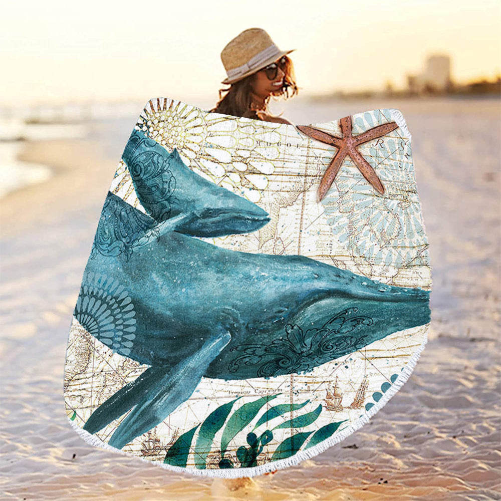150cm Microfiber Round Beach Towel Tassels Beach Towel Beach Mat Whale Design