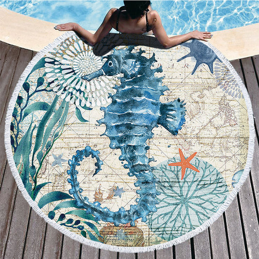 150cm Microfiber Round Beach Towel Tassels Beach Towel Beach Mat Seahorse Design