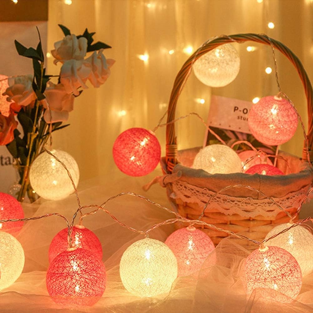 3M 20LED Cotton Ball LED String Light Battery Powered Christmas Decorative Lights - Pink+red